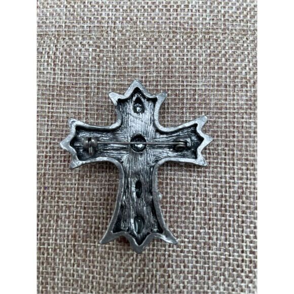 Vintage Rhinestone and Pearl Maltese Cross Brooch Pin Silver Black Antique - Picture 2 of 4